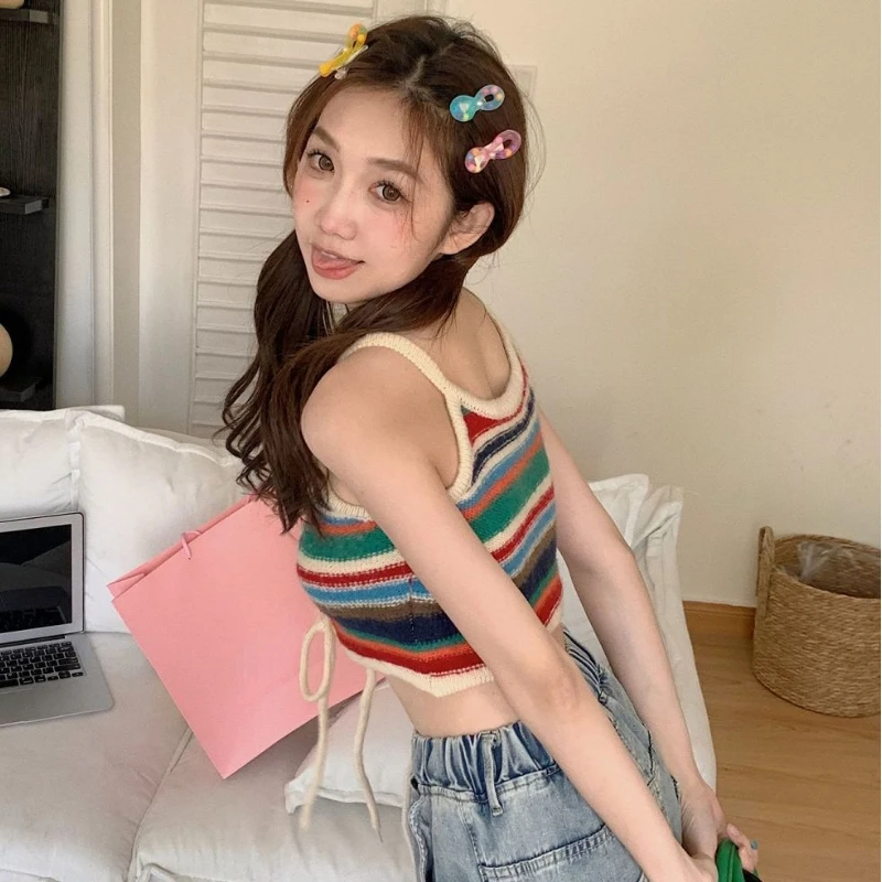 Rainbow Camisole Women Summer Literary Hotsweet Slim Crop Tops Bandage Chic Retro Bohamian Design Trendy Streetwear Y2k Harajuku