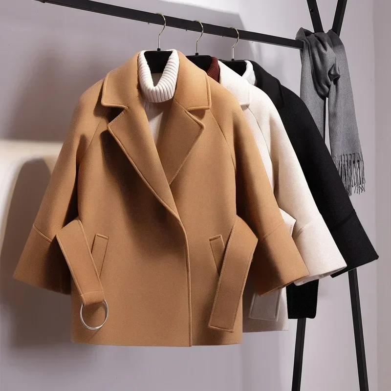 Spring Autumn Winter Women Short Woolen Coat Belt Jacket Female Raglan Sleeves Cloak Jackets Elegant Single Button Black Camel