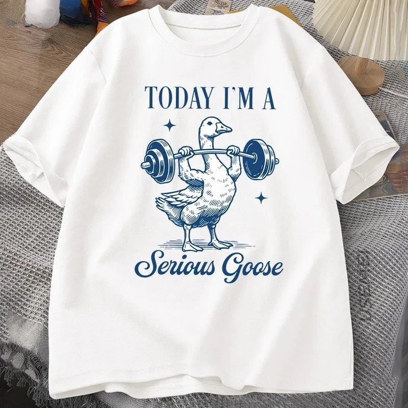 Nouveau T-shirt humoristique de musculation « Serious Goose » pour la gym, imprimé pour les amoureux des animaux, en coton Harajuku à manches courtes