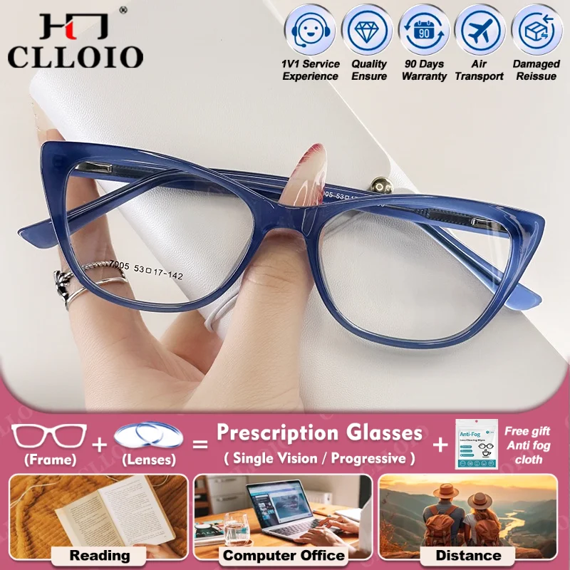 

CLLOIO Simple Cat Eye Myopia Photochromic Prescription Glasses High Quality Women Reading Anti Blue Light Progressive Eyeglasses