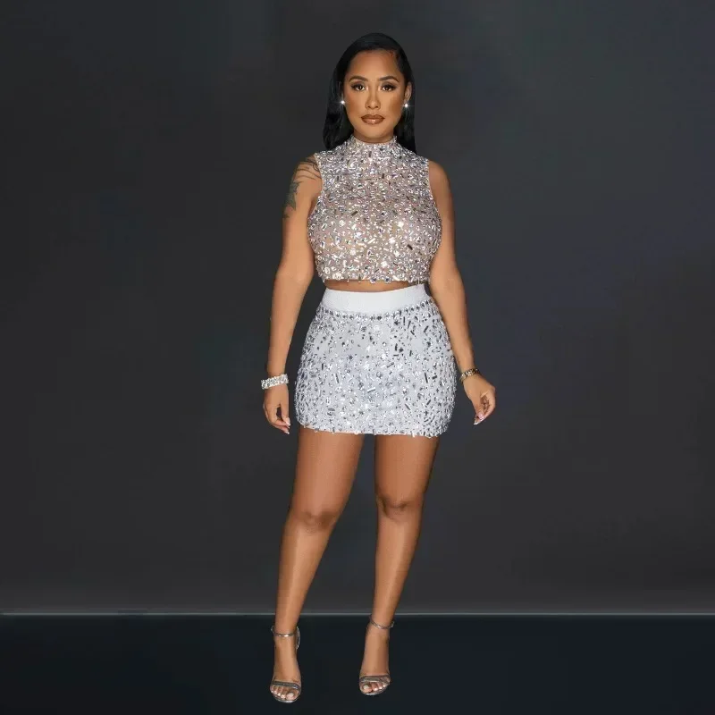 

GUWU Sparkle Rhinestones Mesh See Though Women Sets T-Shirt and Mini Skirts Sets Sexy Night Club Party Two 2 Piece Set Outfits
