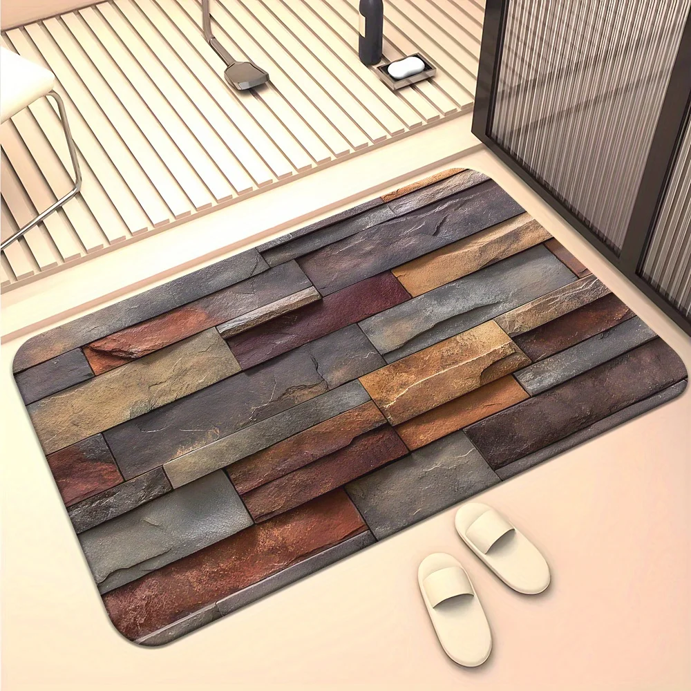 1pc Brick Pattern HD Printed Door Mat, Non-Slip Bathroom Floor Mats, Microfiber Absorbent Machine Washable Polyester Rug for Bed