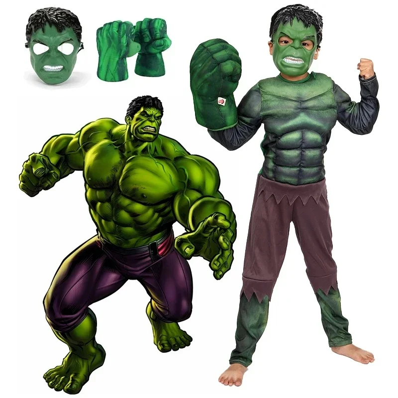 Disfraz de músculos de Hulk para niños, máscara de Cosplay de superhéroe, puño de felpa, guantes, ropa de Halloween y Navidad