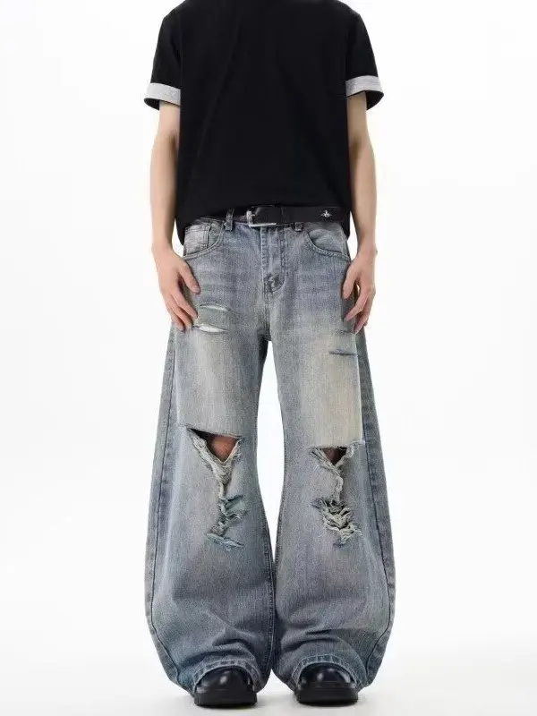Calças Jeans Americanas Retrô com Efeito Desgastado e Padrão de Bambu, Unissex, de Perna Larga Solta, Corte Reto, Casuais de ...