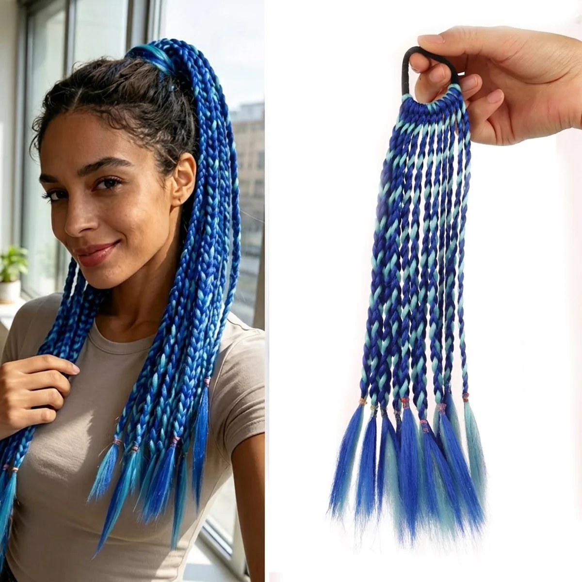 12 Inch Braided Ponytail Extensions with Elastic Rubber Band 12 Strands Ombre Blue Box Braids Hairpiece for Kids Girls
