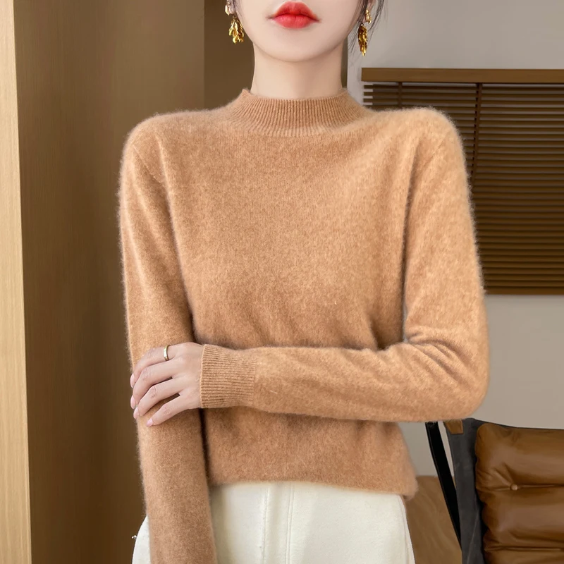 Autumn And Winter New 100% Pure Wool Sweater First-Line Ready-To-Wear Loose Semi-High Neck Pullover Knitted Bottoming Shirt