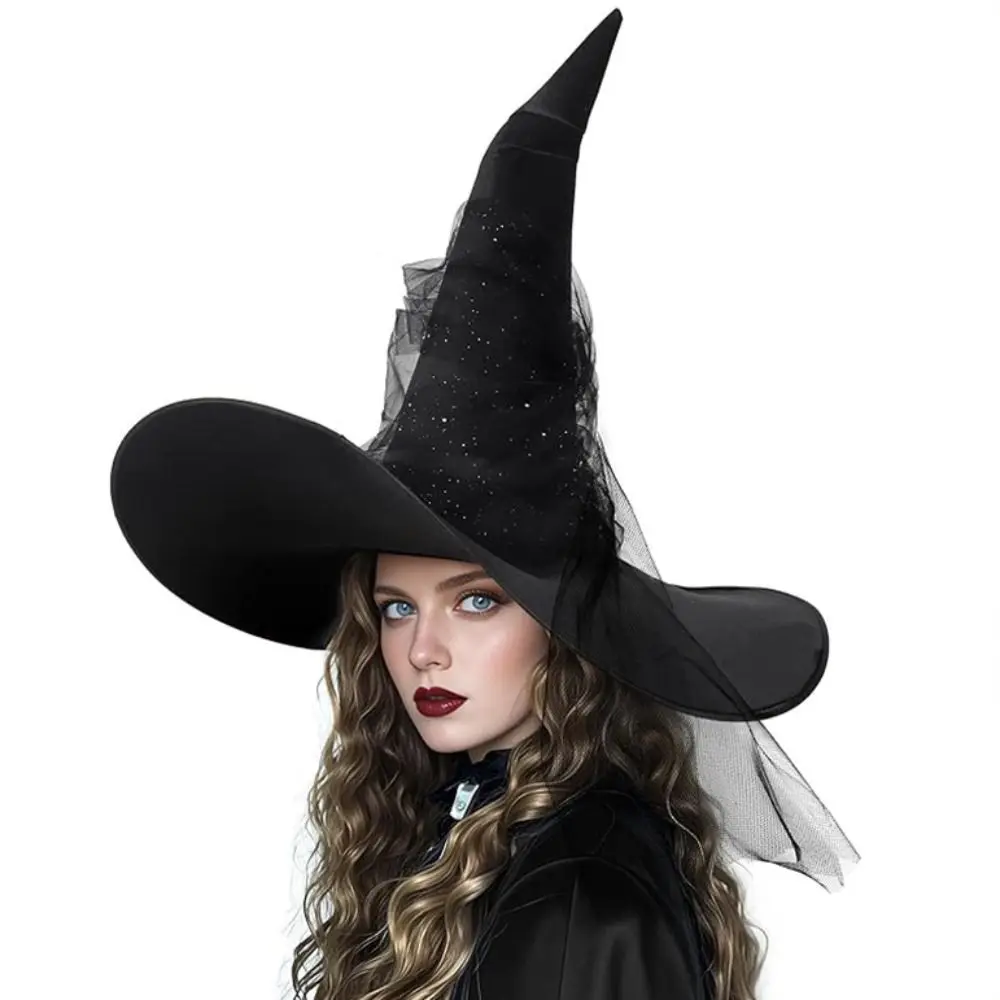 Mesh Yarn Cover Halloween Witch Hat With Veil Sparkling Stars Cosplay Accessories Tall Pointed Cone Top Bendable Masquerade Cap