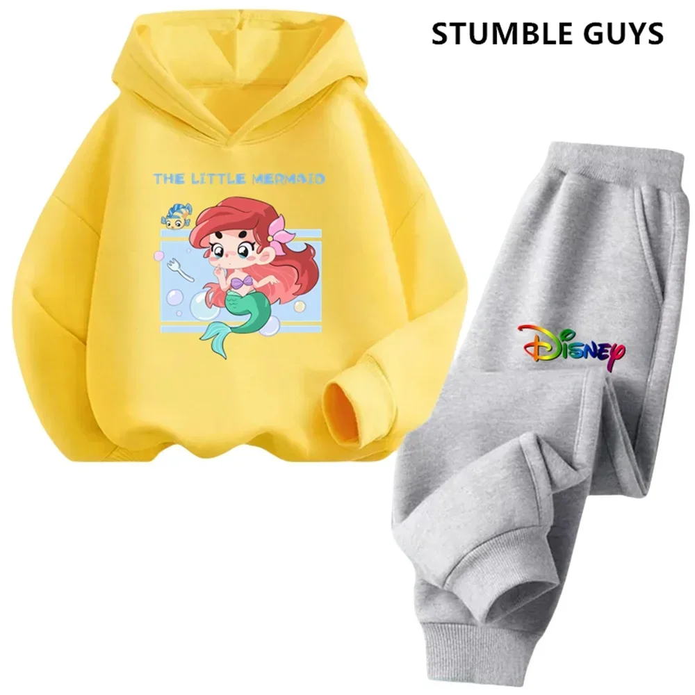 Disney The Little Mermaid Hoodie Set Girls Cartoon 3-14 Years Old Kawaii Street Casual Kids Sweatshirt Children\'s Trucksuit