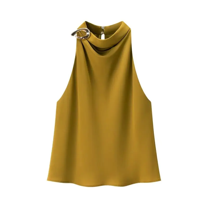 Women's Summer Sleeveless Halter Neck Top, Elegant Draped Blouse with Metal Buckle Detail, Casual Office Wear for Daily Outing