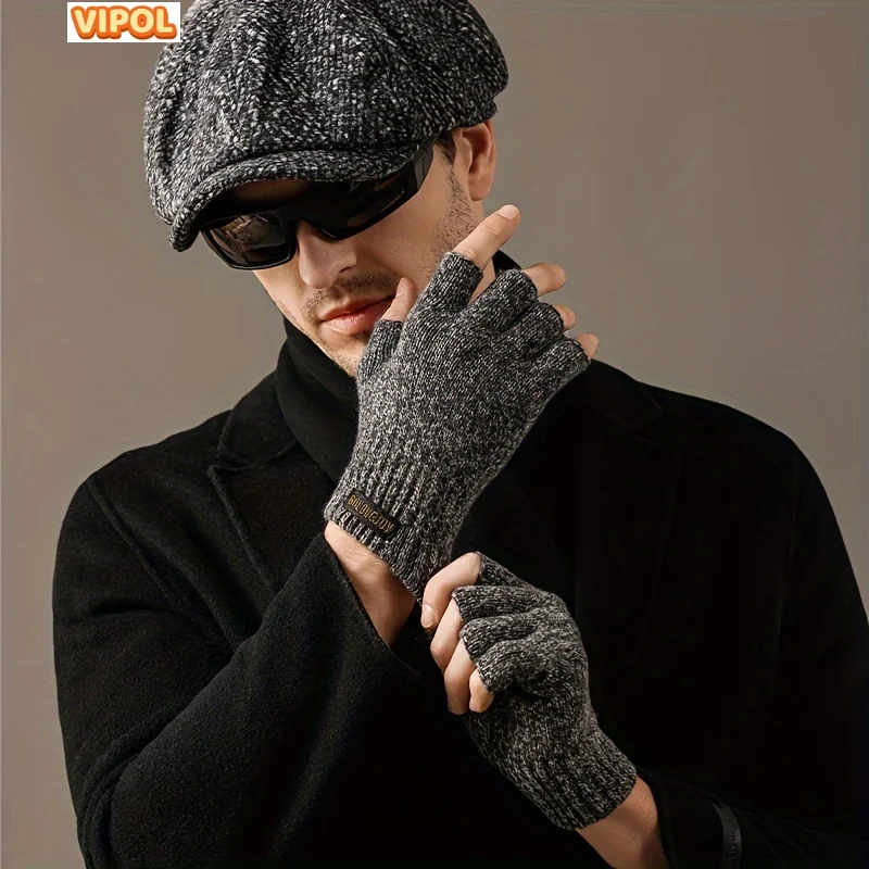 Autumn And Winter Knitted Half-finger Wool Gloves For Men,Outdoor Plus Velvet Thickened Windproof Cold-proof Warm Wool Gloves