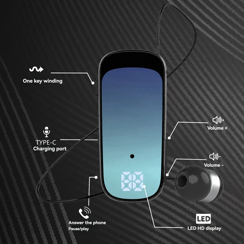 K65 Tie-Clip Retractable Wired Bluetooth Headset In-Ear Digital Display Long-Life Business Single-Ear Headset