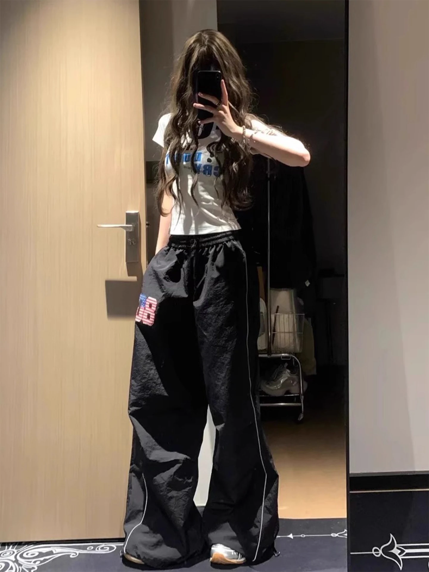 Retro American Printed Reflective Strip Casual Pants Women's Lightweight Qui Dry Sports Long Trousers High Waist Straight Leg