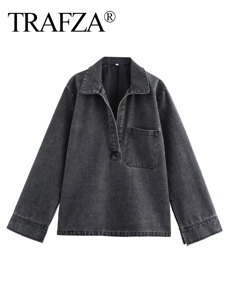 TRAFZA-Manteau Vintage en Denim pour Femme, Haut à Manches sulfavec Poches à Revers, Ourlet Fendu, Pull Solide, Automne