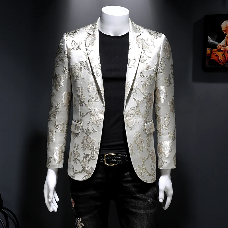 5XL 6XL Men Groom Wedding Suit Lattice Printing Blazer Masculino Slim Spring Blazer Men Suit Stage Casual Suit Silver Bleazer