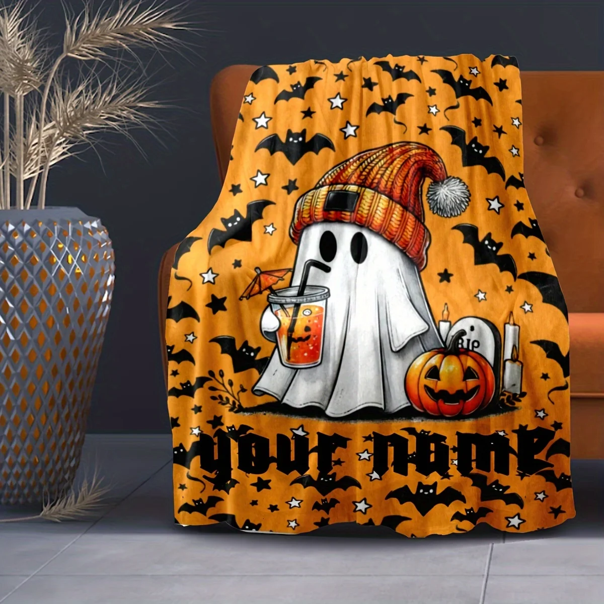 

Personalized Halloween Blanket Custom with Names - Spooky Ghosts, Bats & Pumpkins Design, Soft Flannel Throw for Sofa Bed
