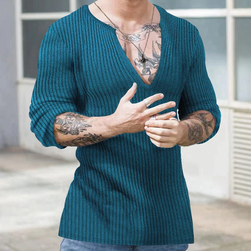 Decote em v profundo masculino de malha fina, blusa casual de manga comprida, roupa de outono e inverno, tendência fashion