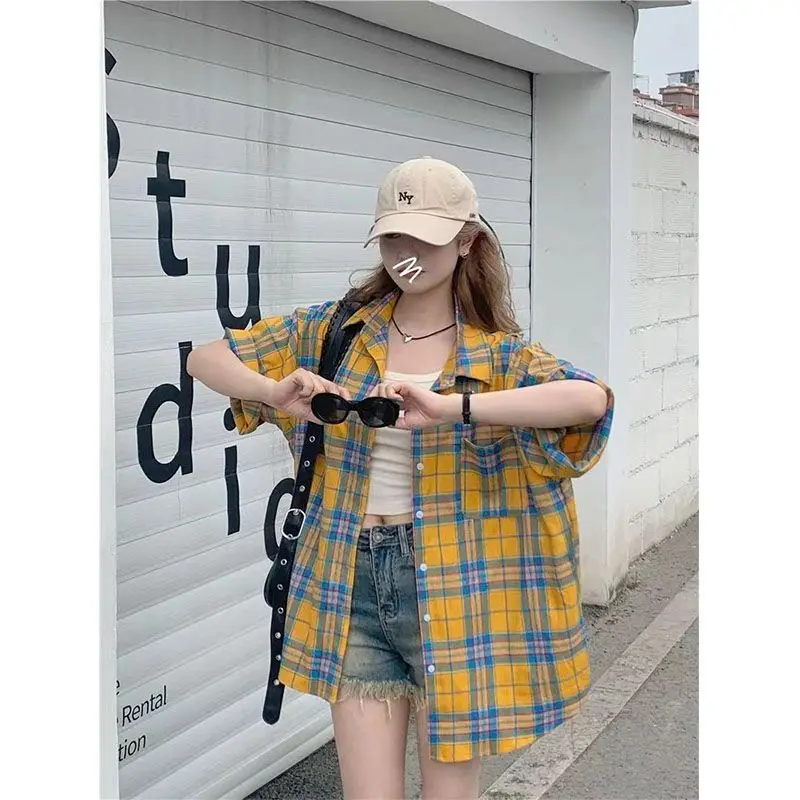 Summer Hot Polo_Neck Plaid Short Sleeved Shirt for Women\'s Loose Slimming Medium Length Fashion Versatile Retro Sweet Coat Top