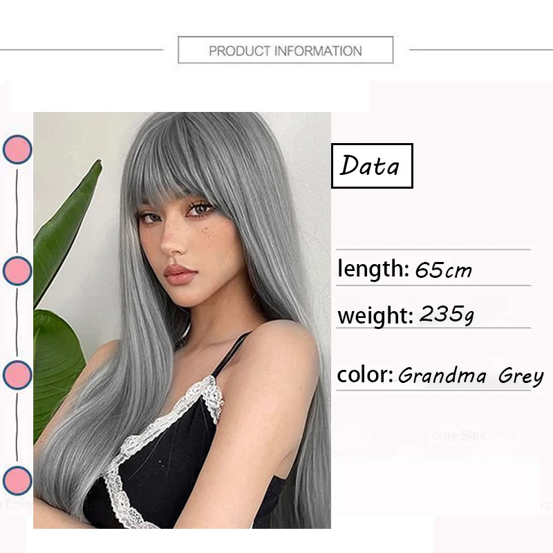 Japanese style Long Straight Grandma Grey Synthetic Wigs with Bangs for Women Halloween Cosplay daily Natural Hair Wig