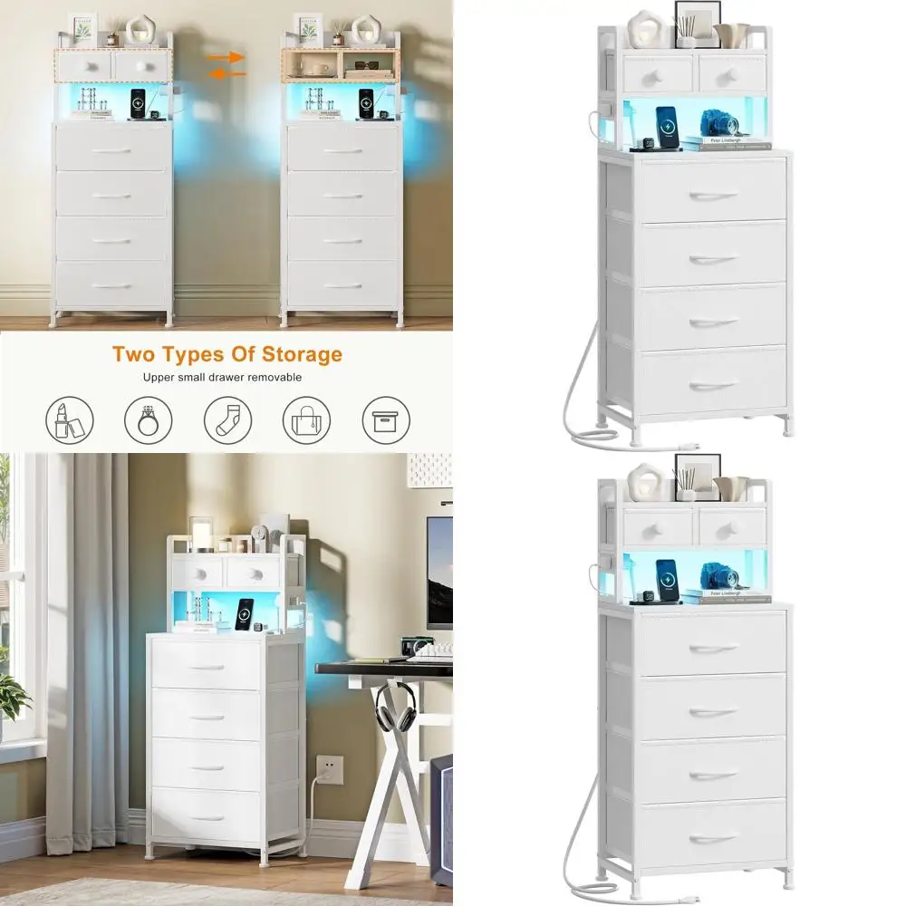 

41 White 6-Drawer Nightstand with Charging Station & 3-Tier Wood Shelf for Bedroom, Office