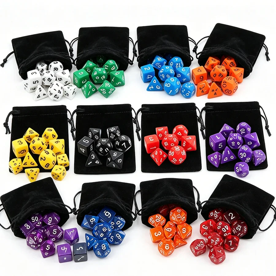 7PCS Polyhedral Dice Set with Black Velvet Bag Colored Number DND Dice for Dungeons and Dragons RPG MTG Tabletop Games DDJ
