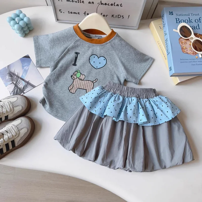 

Girls' new summer outfit2026Trendy cartoon puppy print short-sleeve top and tulip skirt two-piece set