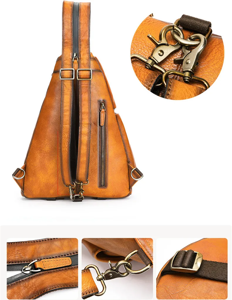 Retro Brown Genuine Leather Men\'s Backpack Large-Capacity Chest Bag Fashion Multi-Functional Travel Backpacks Casual Schoolbag