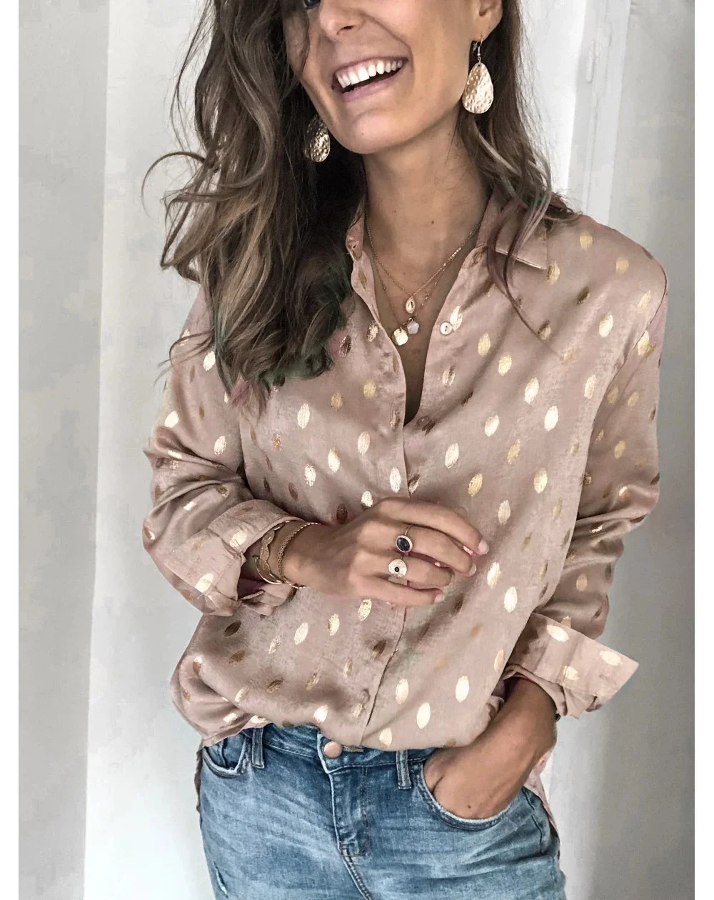 

Long Sleeve Shirts Women Satin Pleated Slim Fit Formal Minimalist Feminine Comfortable Youthful Romantic Elegant Daily Work Wear