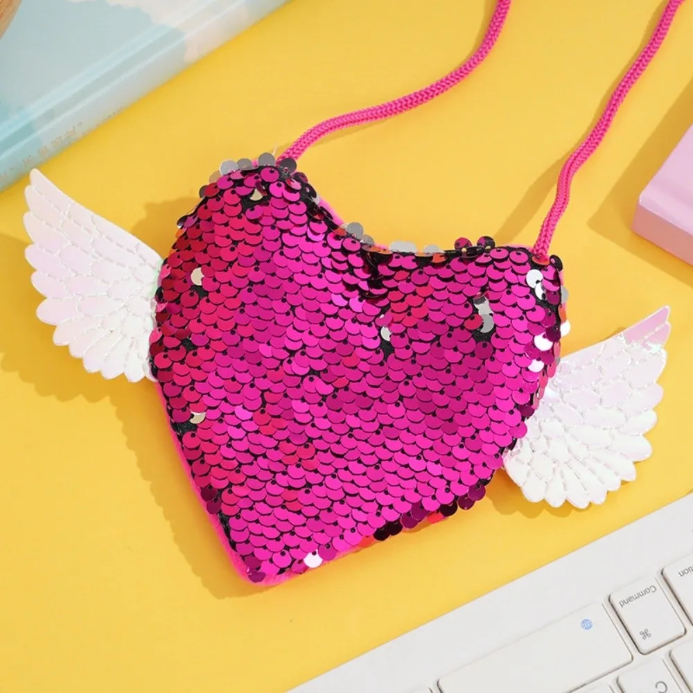 Sequin Sequin Heart Purse Wing Detail Heart Shape Kids Shoulder Bag Adjustable Strap Drawstring Girls Shoulder Bag Daily Use