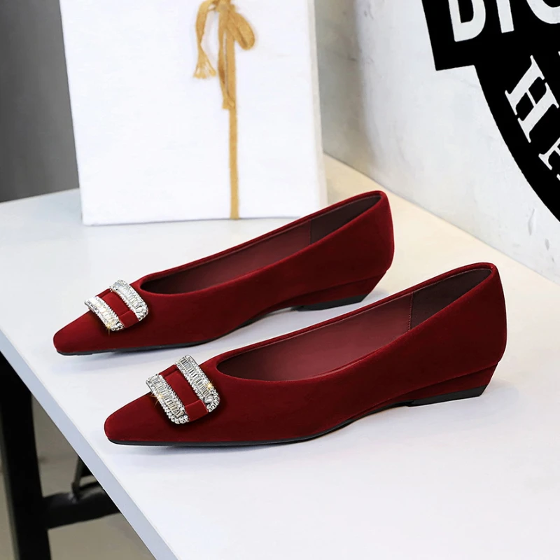 

Womens Burgundy Suede Pointed Toe Low Wedge Pumps With Rhinestone Buckle Detail Comfortable Slip On Shoes For Wedding Party