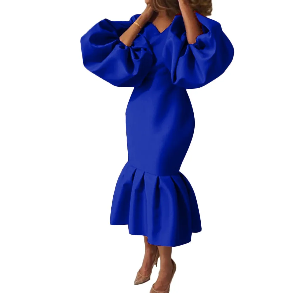 Long Sleeve V Neck Gown Sheath Commuter Chic with Urban Puff Sleeve High Waist Midi Length Sheath Dress Summer for Women