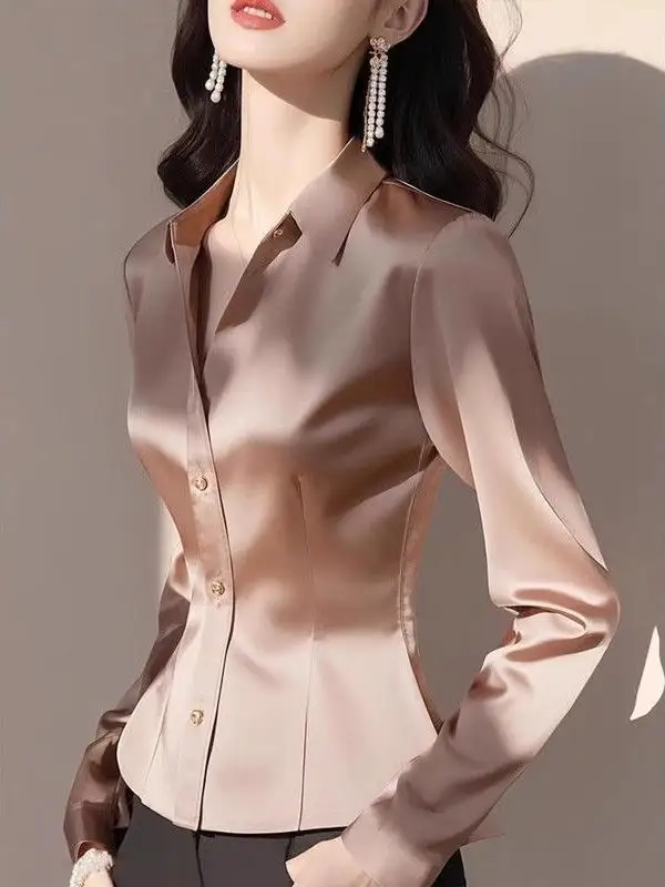 

Elegant Acetate Satin Waist-Cut Shirt Women's Fashionable Unique Beautiful Top Commute Style Slim Fit Long Sleeve Collar