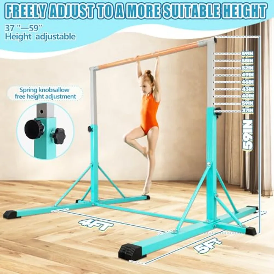 Gymnastics Bar for Ages 3-15 Fiberglass Crossbar Black/Gray Adjustable Height 35 to 60 4FT Wide Base with 360 Stability Easy Fo