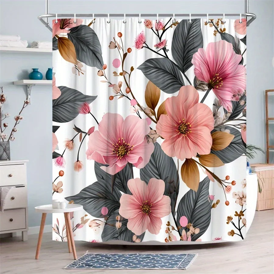 

1pc Pink Peony Branch Shower Curtain - Realistic Floral Design with Brown Branches & Dark Green Leaves on White Background,