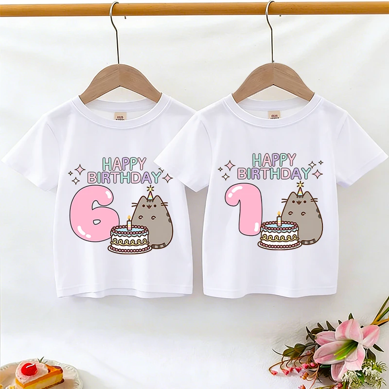 

Cute Pusheens Kids T-shirt Birthday Number 1-9 Years Old Anime Print Cotton Streetwear Tee Girl Toddler Child Kawai Clothes Tops