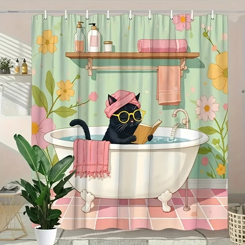 2D Flat Print 1pc Comfortable Cat Bathroom Shower Curtain with Black Glasses, Includes 12 Hooks, 180.34x180.34 cm, Durable Windo view 3