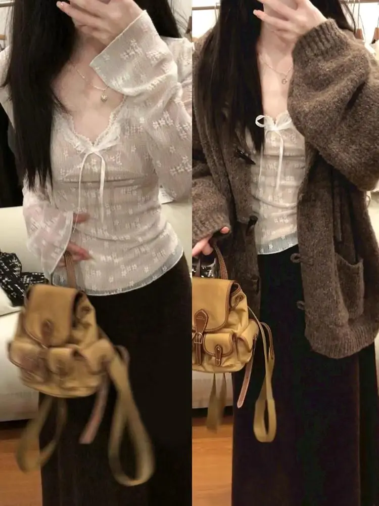 Women's V-Neck Lace Sweater Cardigan Inner Wear Base Layer Knitted Top Set High-End Autumn Winter New Arrival 2026