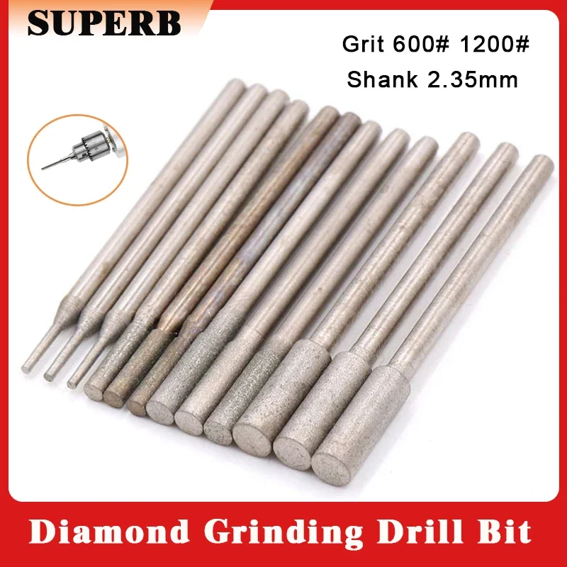 

5Pcs Diamond Grinding Head A Needle Shank 2.35mm Grit 600# 1200# Flat Polishing Head Drill Bit Jade Carving Deburring Tools