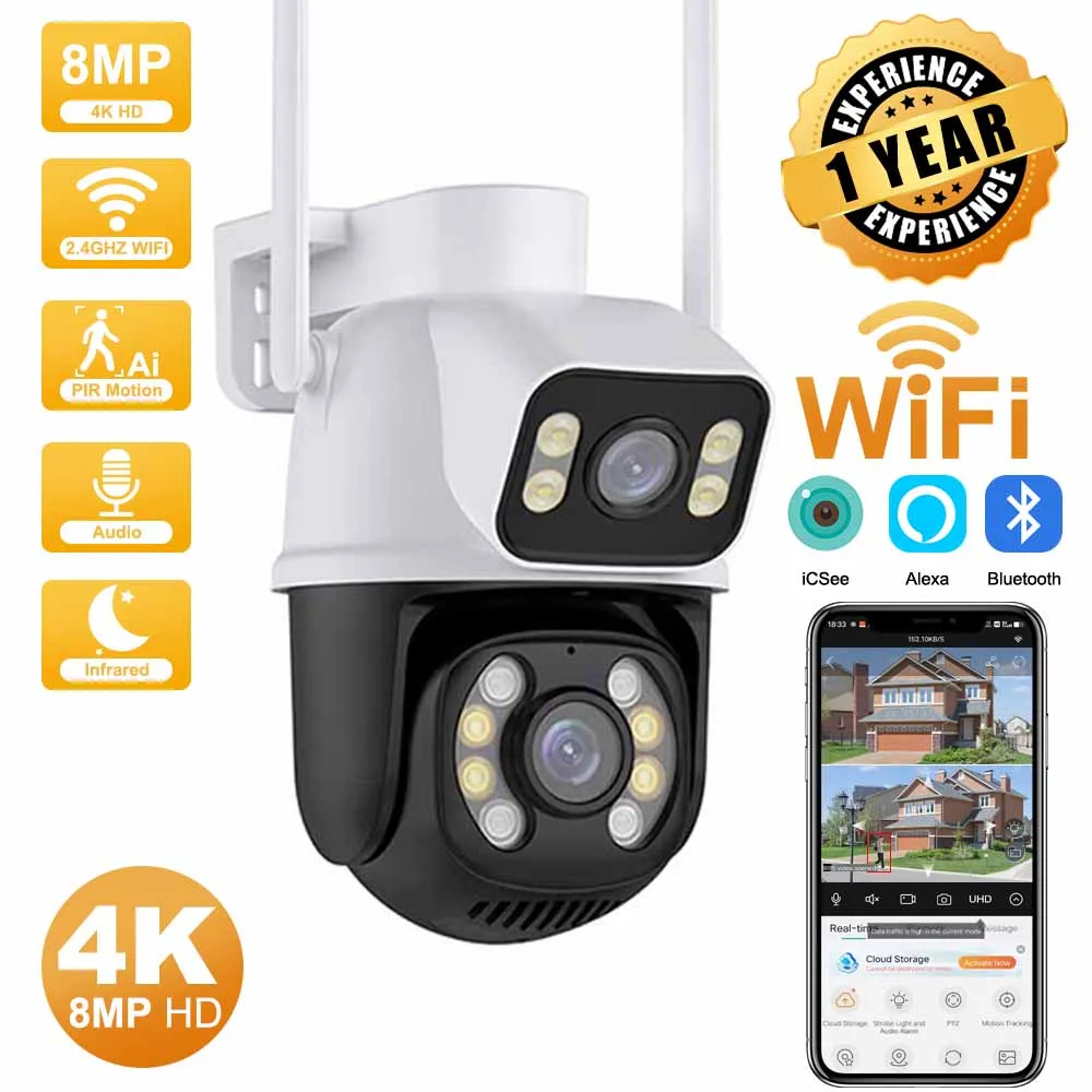 

4K 8MP WiFi Camera PTZ Dual Screens Auto Tracking Night Vision CCTV Surveillance Camera Outdoor 4MP Security IP Camera icsee