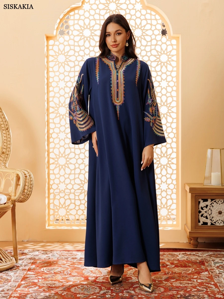 Siskakia-Robe musulmane avec ceinture, broderie florale de Dubaï, panneau en guipure, robe maxi abaya élégante, Ramadan