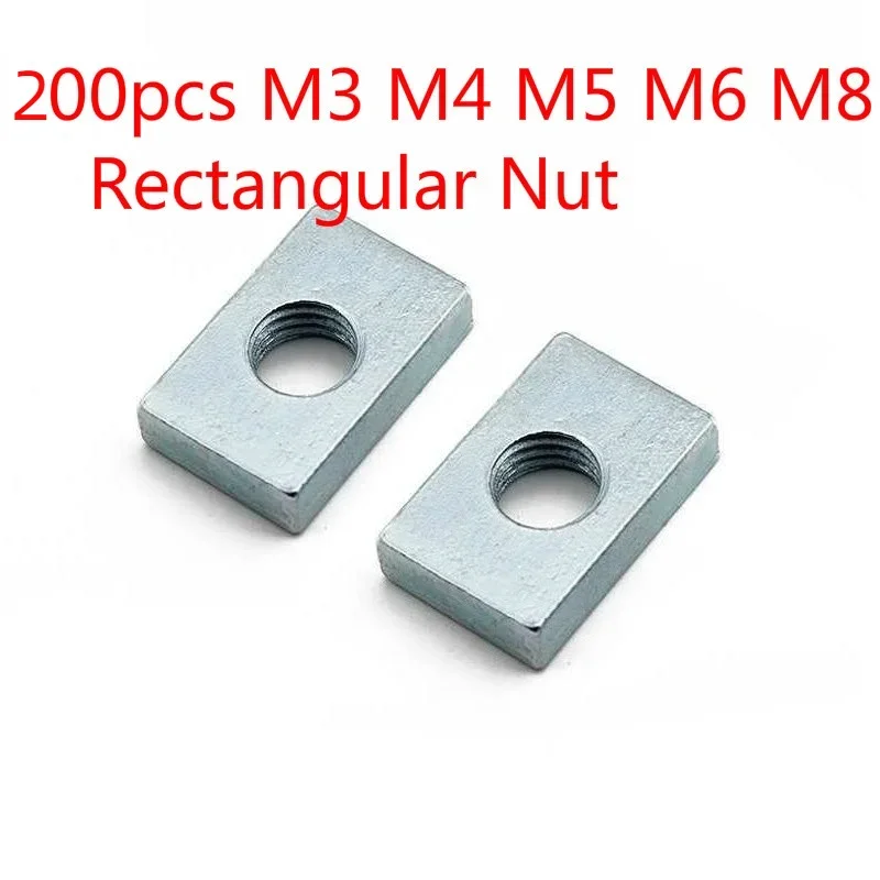 200pcs  Square Nut Rectangular M3 M4 M5 M6 M8 Aluminum Profile Square Nut GB39 Accessory Slider Block Carbon Steel Countersunk