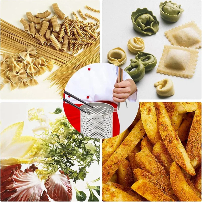 مصفاة المعكرونة المصنوعة من الفولاذ المقاوم للصدأ، قطعتان من مصفاة المعكرونة الزلابية مع مقبض خشبي