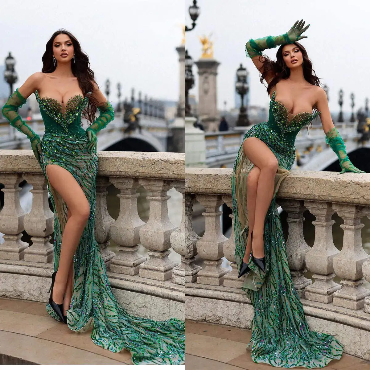 

Sexy Mermaid Evening Dress CrystalBeaded Strapless Prom Gown With Gloves High Splits Sweep Train Party Dresses Customized