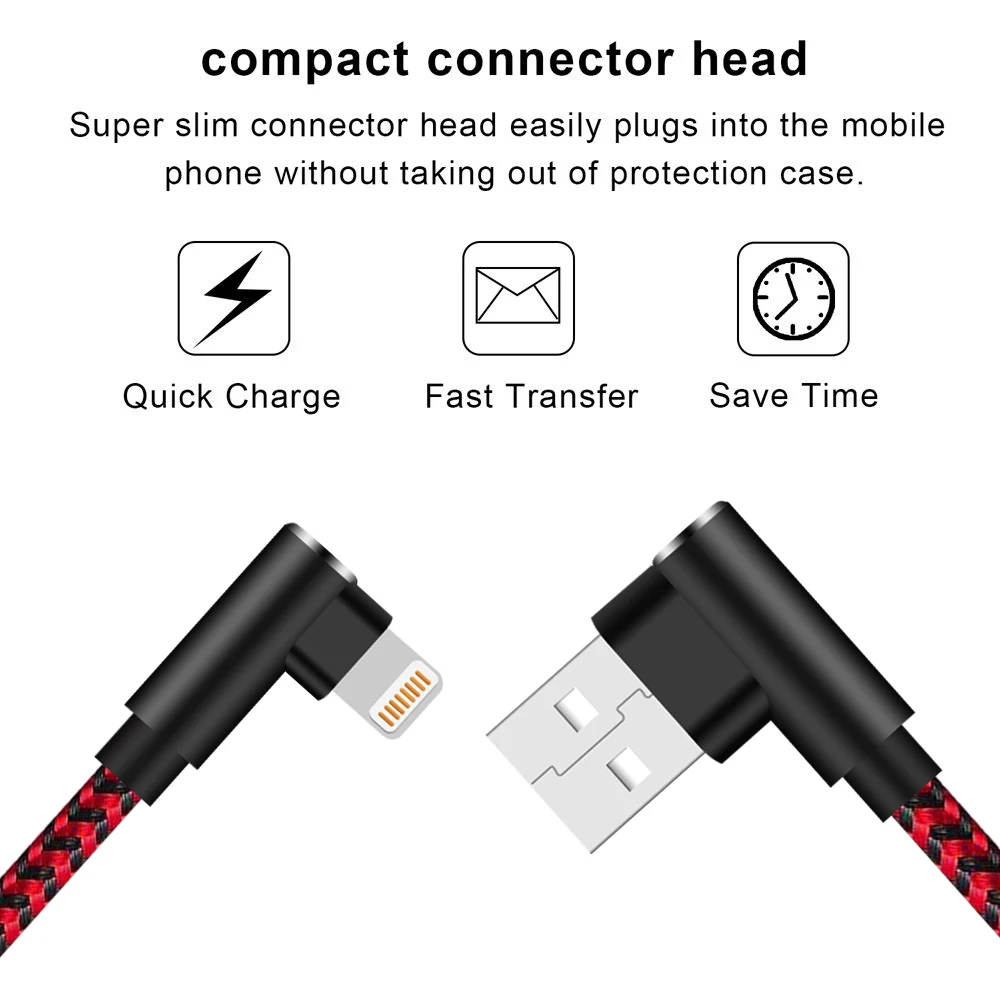 ANSEIP كابل usb 90 grados 3A آيفون 14 13 12 11 برو ماكس X XR 8 زائد الهاتف المحمول سلك شحن سريع سلك شاحن البيانات
