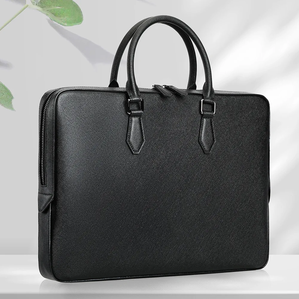 Men's Genuine Leather Briefcase Cross Pattern Large Capacity Laptop Bag Business Minimalist Cowhide Handbag with Premium Feel