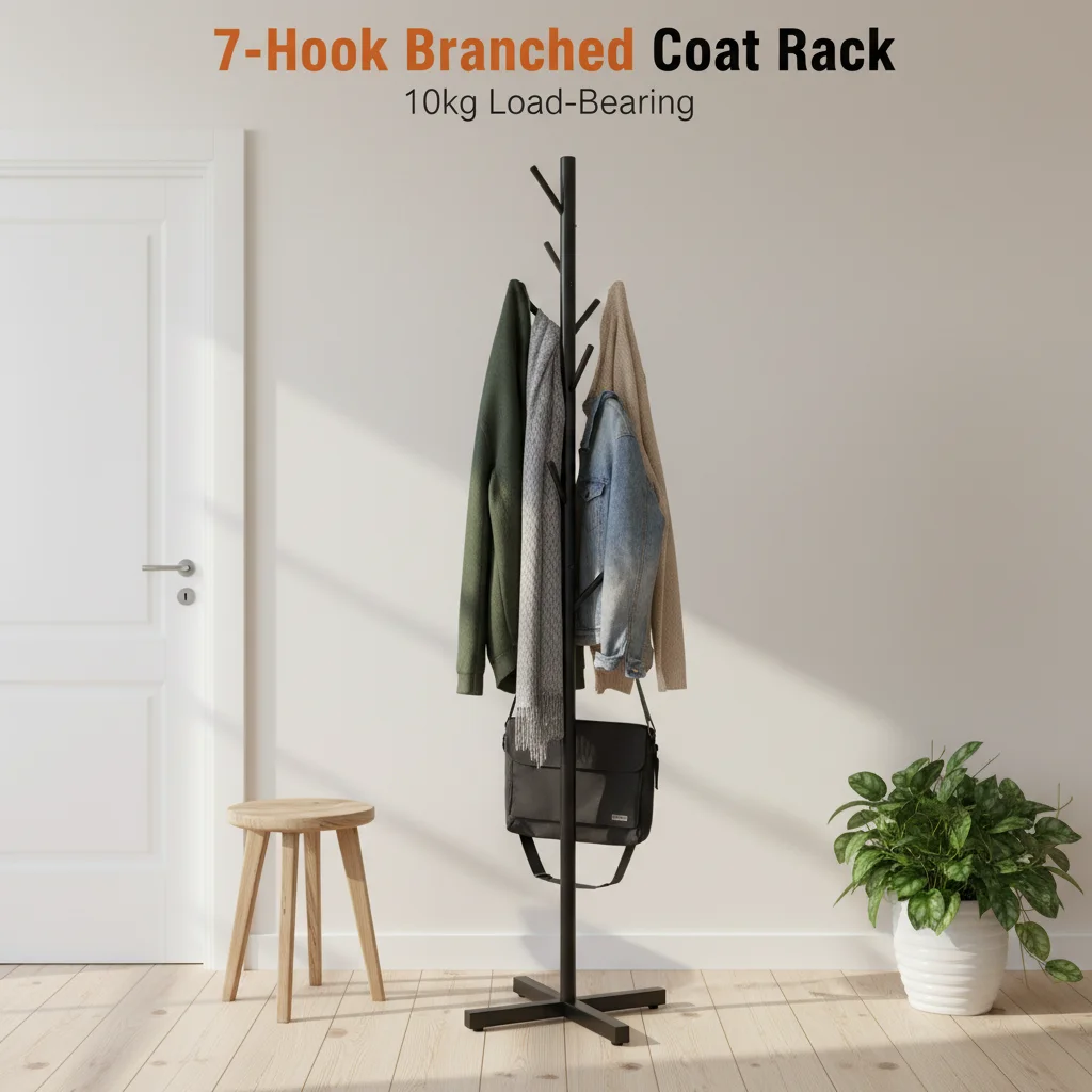 

Вешалка для одежды в форме ветки с 7 крючками, подшипник 22,5 фунтов, железная подставка для одежды, шляпа, сумка, полка для шарфа для домашнего входа, спальни, черная