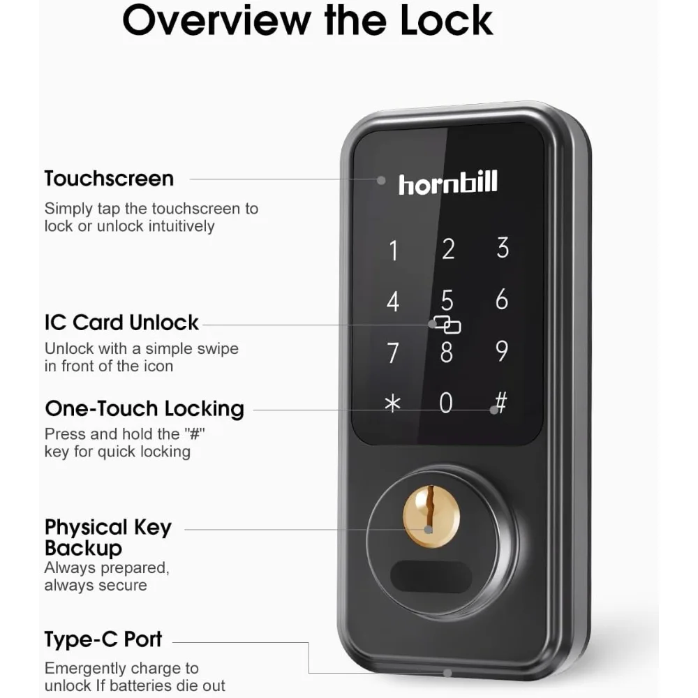 Front Door Lock Keyless Entry: Hornbill Smart Front Door Handle Sets, Electronic Keypad Smart Deadbolt with Handles, Digital Tou