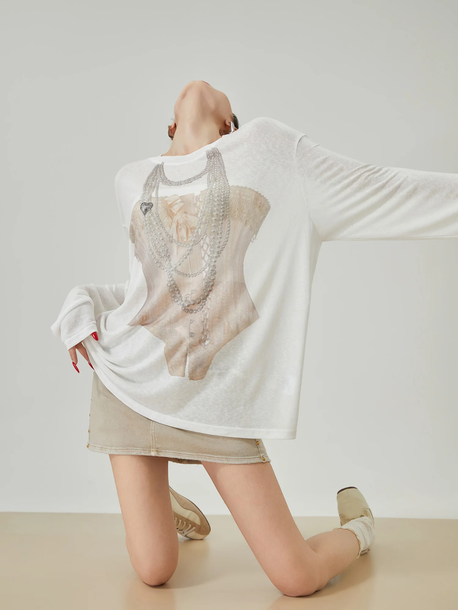 

Loose Fit Summer Long Sleeve T-Shirt round Neck White Print Casual Slimming Cover up Top for Women Commute Style Polyester Fiber