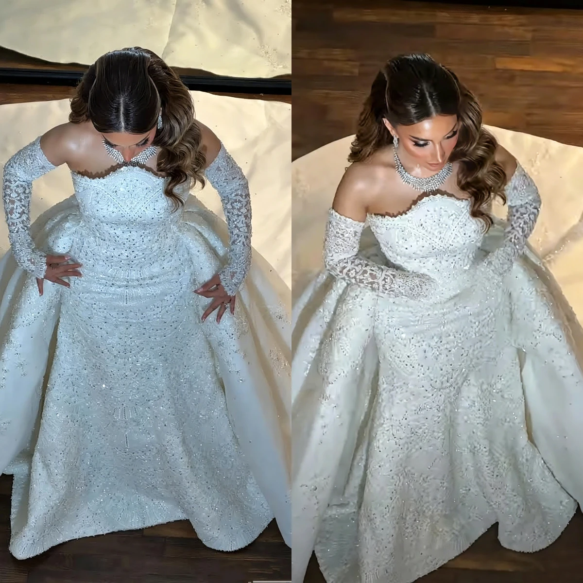 

Luxury Off Shoulder Ball Gown Wedding Dress Sparkly Crystal Long Sleeve Bridal Gown Elegant White Robe De MaCustomized