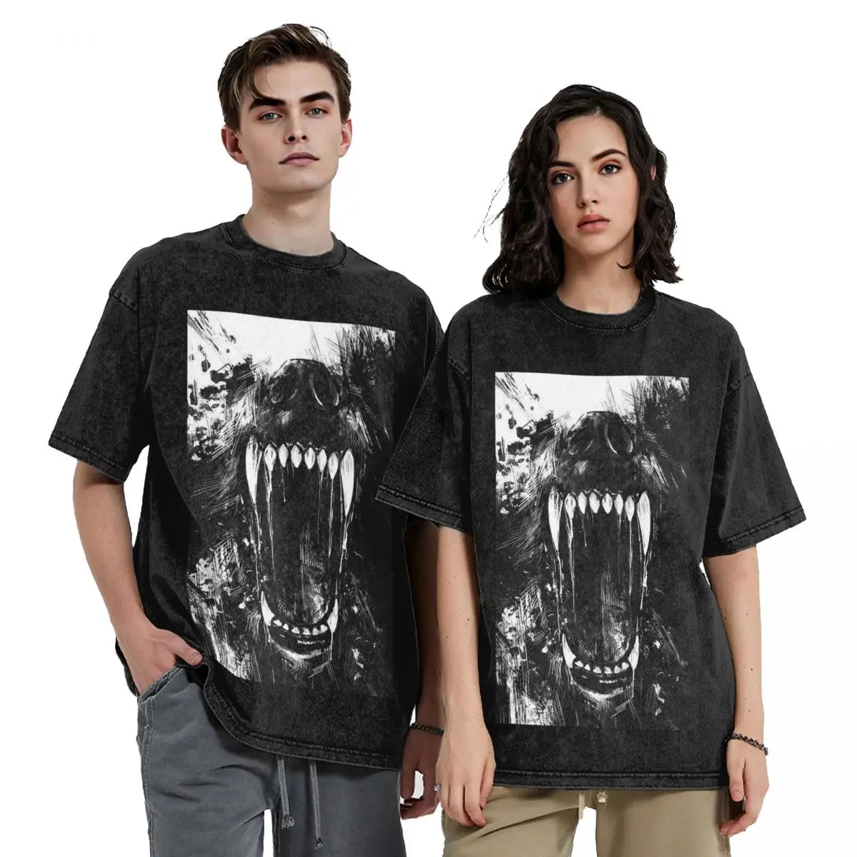 

Snarling Werewolf Wolf Animal Hip Hop Short Sleeve T-Shirts Washed Tops Tees Streetwear T Shirt Vintage for Men Women