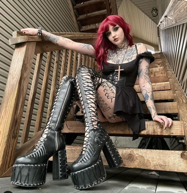 Metallic Leather Platform Over Knee High Boots Lace up Hollow out Round Toe Long Boots Big Size Y2K Cosplay Designer Shoes